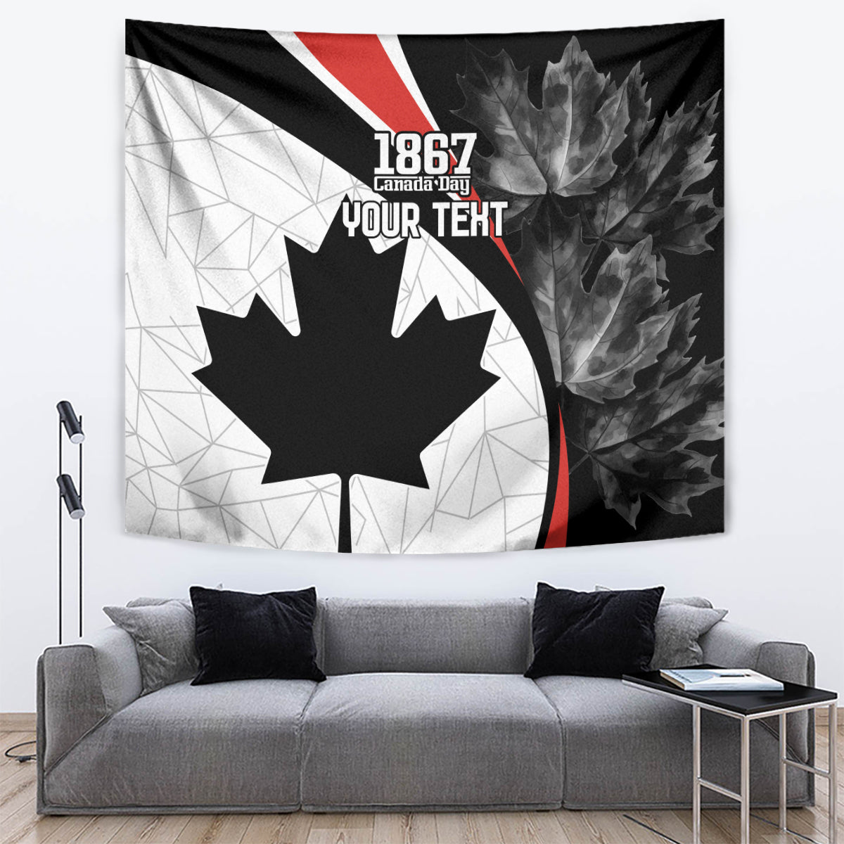 Black, white, and red wall tapestry with large maple leaf and “1867” plus “YOUR TEXT”.