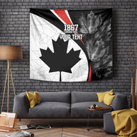 Black, white, and red wall tapestry with large maple leaf design and “1867” text.