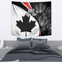 Black, white, and red maple leaf wall tapestry with “1867” and “YOUR TEXT” lettering.