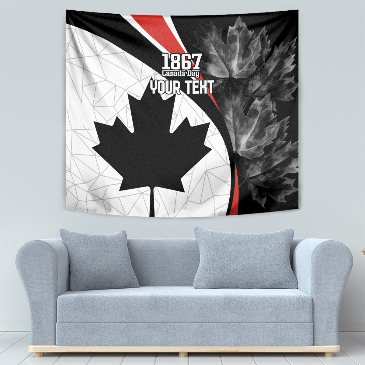 Black, white, and red wall tapestry featuring a large maple leaf and “1867” text.
