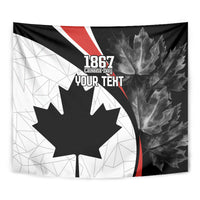 Black, white, and red wall tapestry with centered maple leaf and “1867” lettering.