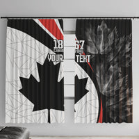 Black Canada Day curtain set with maple leaf graphic, red stripe, and custom text