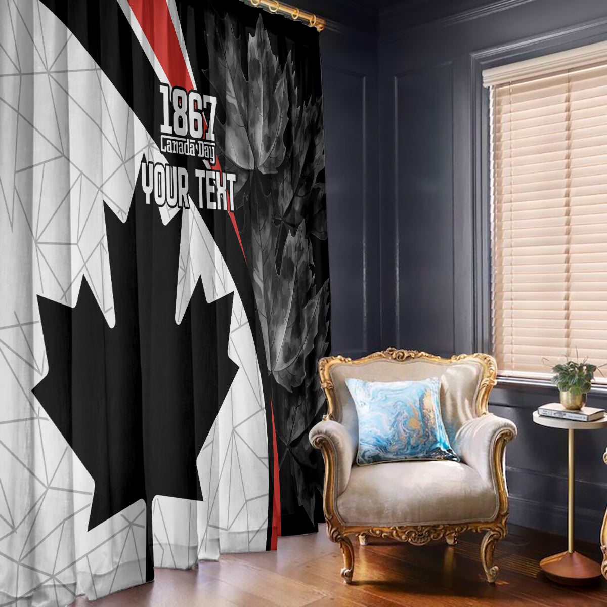 Black Canada Day curtain pair with maple leaf design and red accent stripe