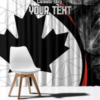 Black Canada Day window curtain with red stripe and maple leaf graphic