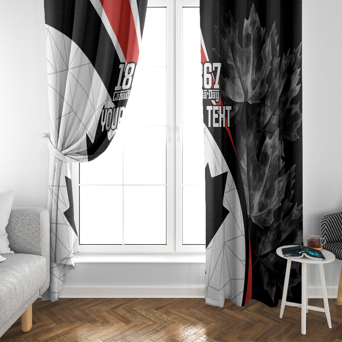 Black Canada Day window curtain with red stripe and maple leaf-themed print
