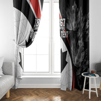 Black Canada Day window curtain with red stripe and maple leaf-themed print