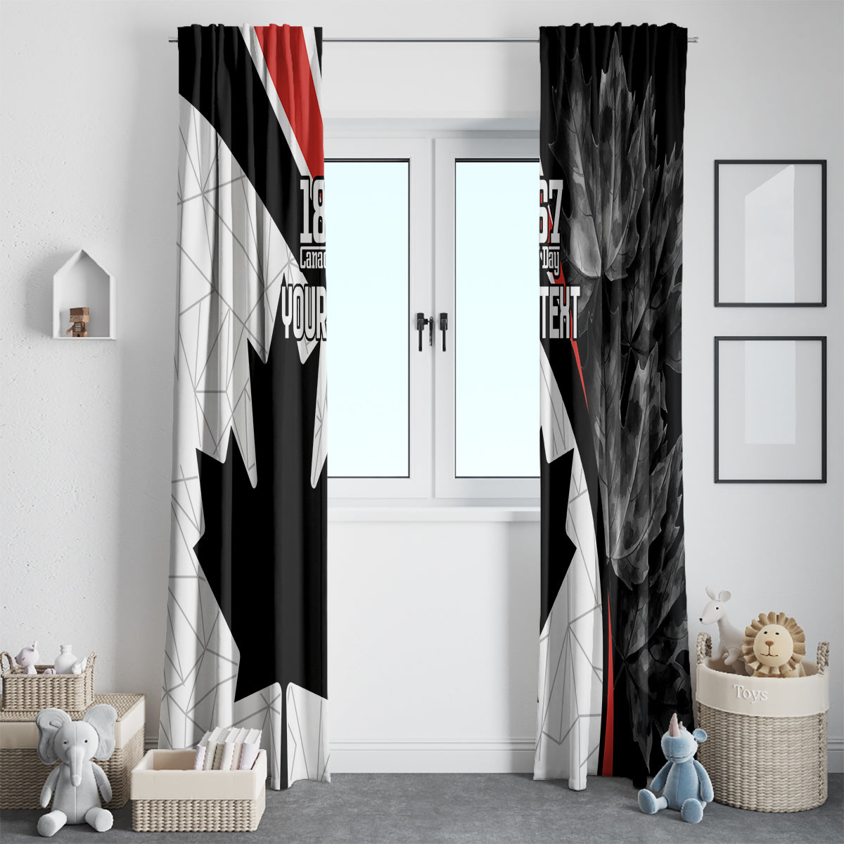 Black Canada Day curtain panels with maple leaf design and red stripe detail