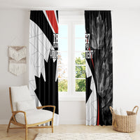 Black Canada Day window curtain panel with maple leaf graphic and red accent