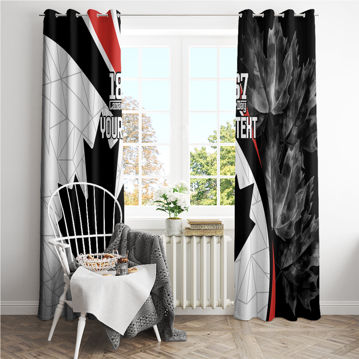 Black Canada Day curtain pair with maple leaf graphic and red diagonal stripe