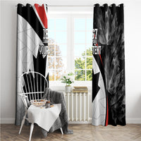 Black Canada Day curtain pair with maple leaf graphic and red diagonal stripe