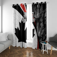Black Canada Day window curtains with maple leaf print and red accent stripe