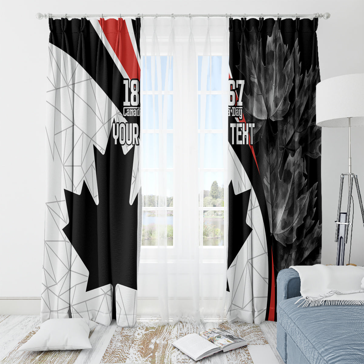 Black Canada Day curtain panels with maple leaf graphic and red diagonal stripe