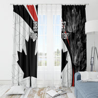 Black Canada Day curtain panels with maple leaf graphic and red diagonal stripe