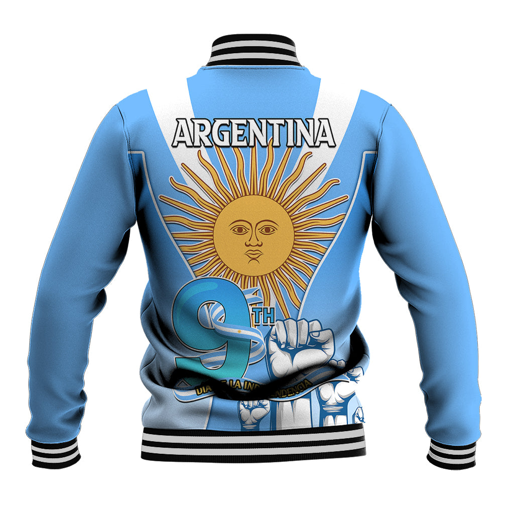 Blue baseball jacket with striped ribbed collar and cuffs; large back sun graphic.