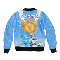 Blue bomber jacket with white panels, front zip, black ribbed trim, ARGENTINA text, sun