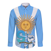 Light blue long-sleeve button shirt with front sun and soldier Independence Day graphic