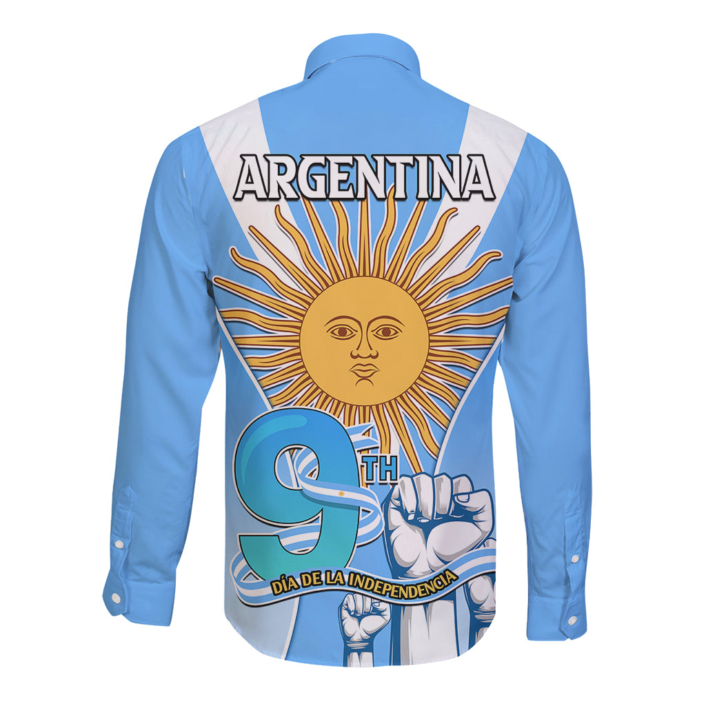 Light blue long-sleeve button shirt with back Argentina text and Independence Day graphic