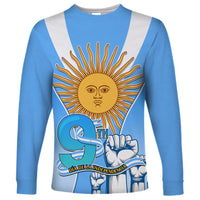 Blue long-sleeve T-shirt with sun and 9th hands graphic