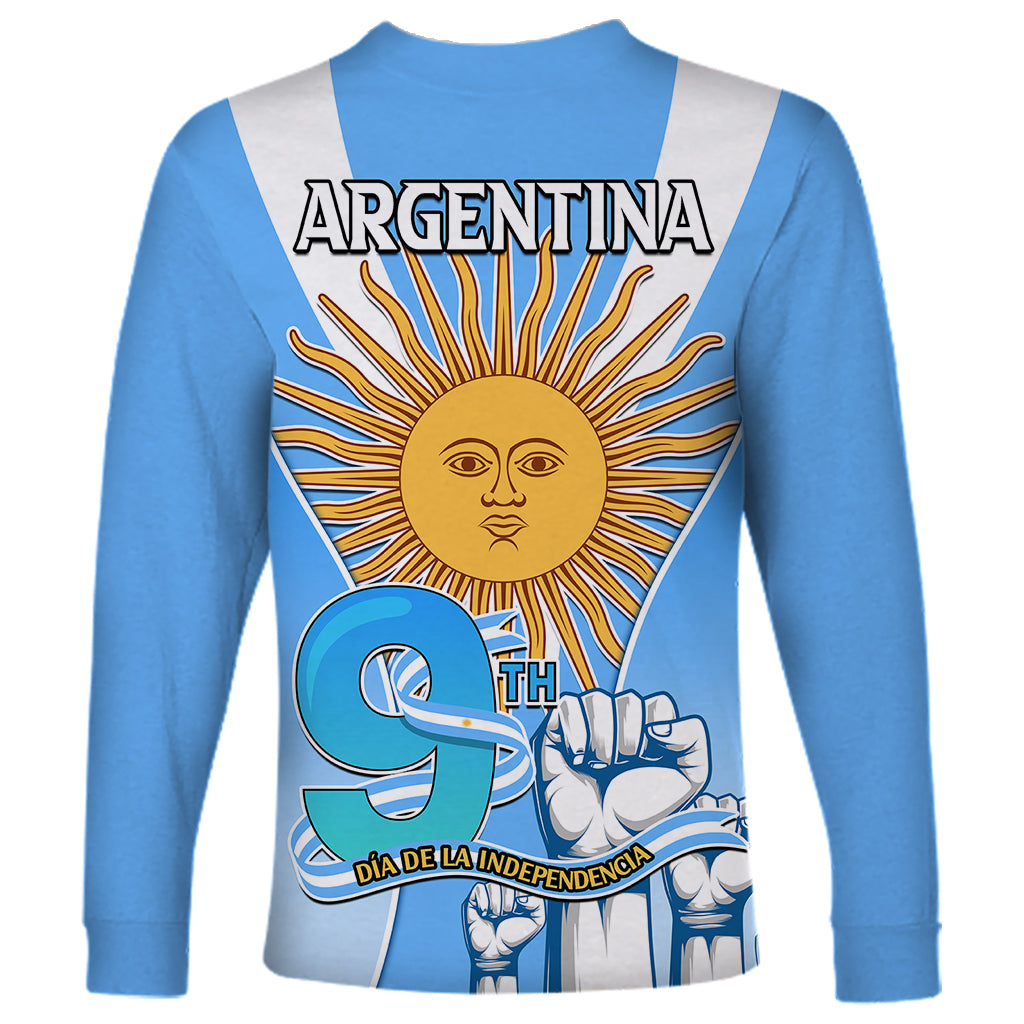 Blue long-sleeve T-shirt with ARGENTINA back graphic and sun 9th hands