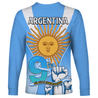 Blue long-sleeve T-shirt with ARGENTINA back graphic and sun 9th hands