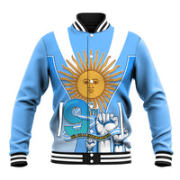 Light blue baseball jacket with striped ribbed collar, front buttons, sun independence graphic