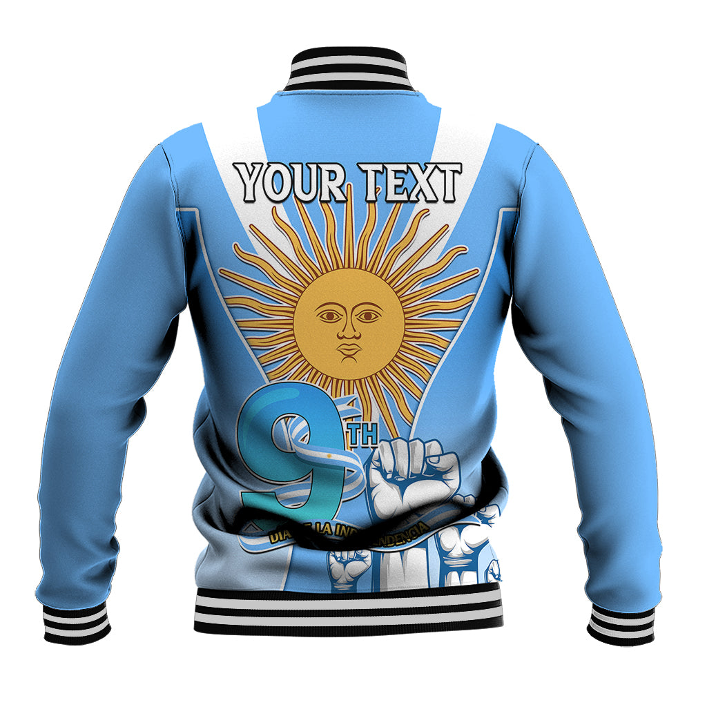 Light blue baseball jacket back with striped ribbed collar, YOUR TEXT, sun independence graphic