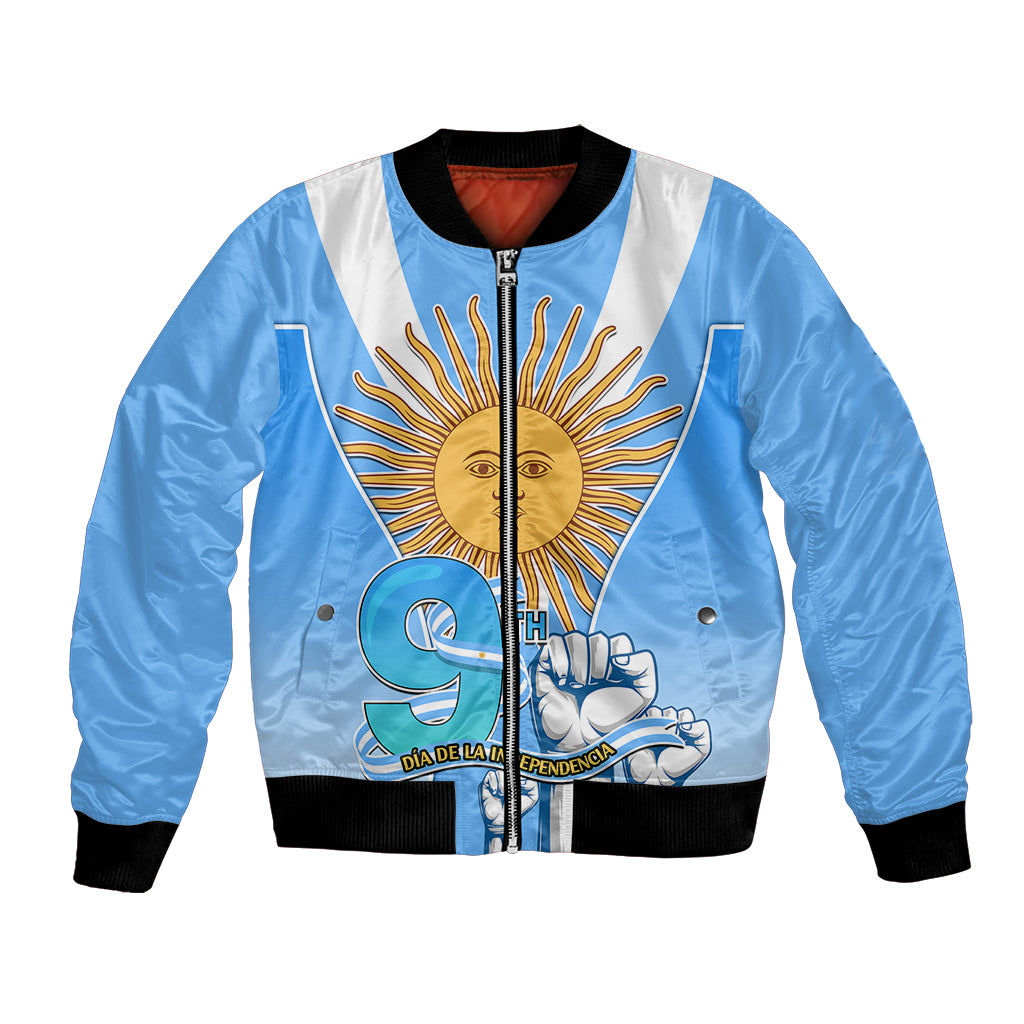 Blue unisex bomber jacket with black ribbed trim, zipper front, sun and hand print