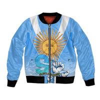 Blue unisex bomber jacket with black ribbed trim, zipper front, sun and hand print