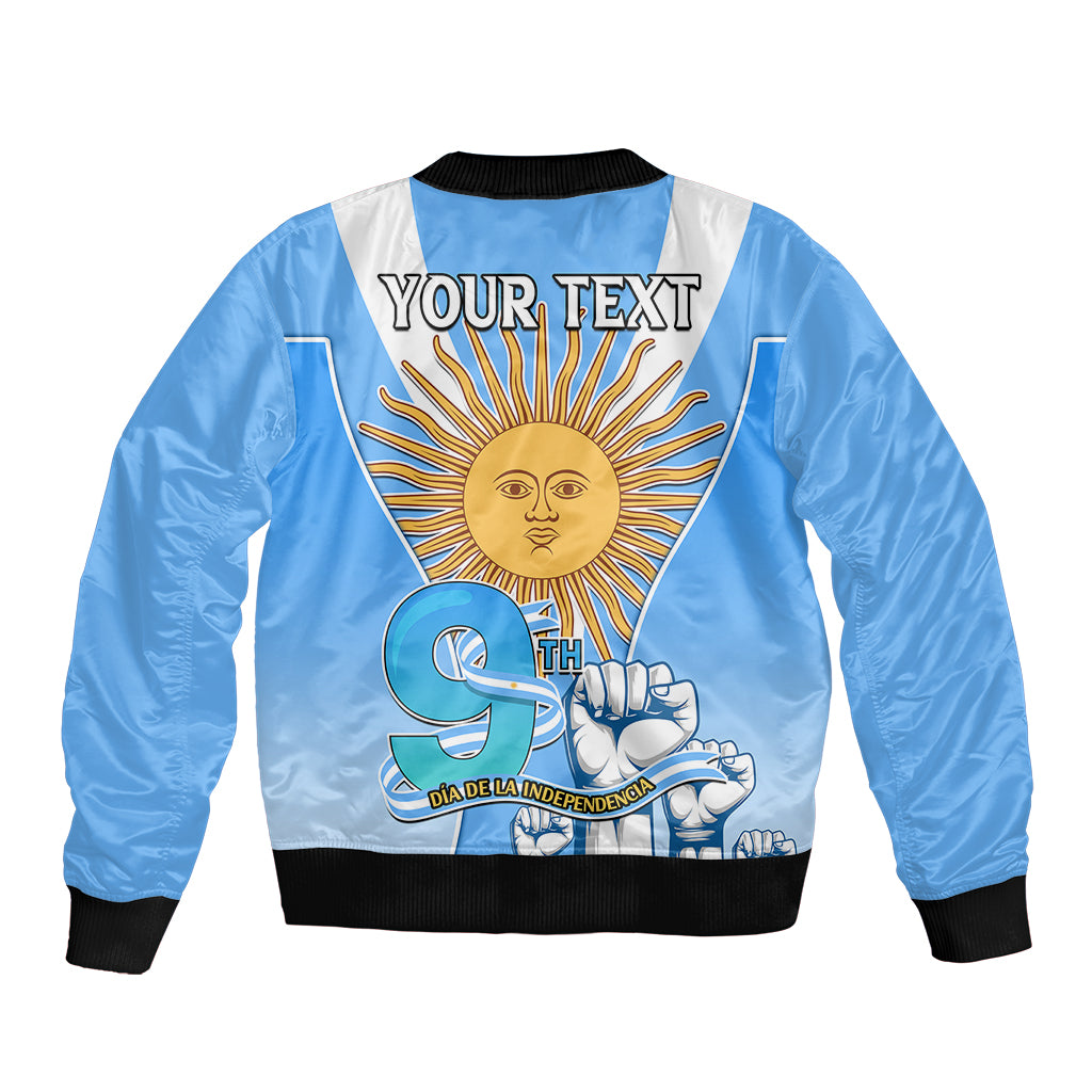 Blue unisex bomber jacket with black ribbed trim, zipper front, 'YOUR TEXT' sun print