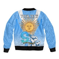 Blue unisex bomber jacket with black ribbed trim, zipper front, 'YOUR TEXT' sun print