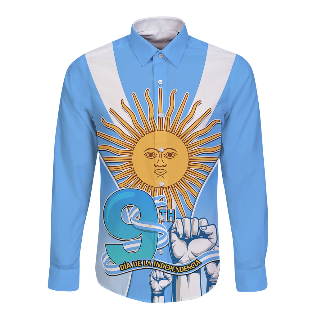Blue long sleeve button shirt with front sun-and-hand Independence Day graphic