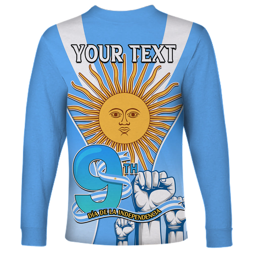 Unisex long sleeve blue shirt with 'YOUR TEXT' back and Independence Day sun graphic