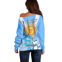 Blue off-shoulder sweater back graphic sun with “YOUR TEXT” header