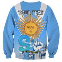 Blue unisex sweatshirt with back text 'YOUR TEXT' and sun face graphic.