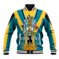 Teal baseball jacket with yellow stripes, varsity crest and 'YOUR TEXT' front