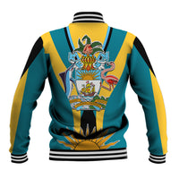Back view teal baseball jacket with yellow stripes and crest patch
