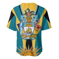 Teal and yellow striped baseball jersey with back crest graphic and sunburst hem