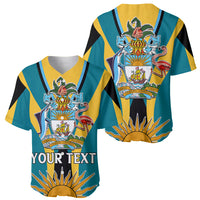 Set of two teal and yellow striped baseball jerseys with crest graphics and sunburst