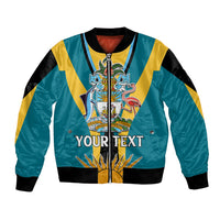 Teal bomber jacket with black sleeves, yellow stripes, full zipper, crest graphic, YOUR TEXT