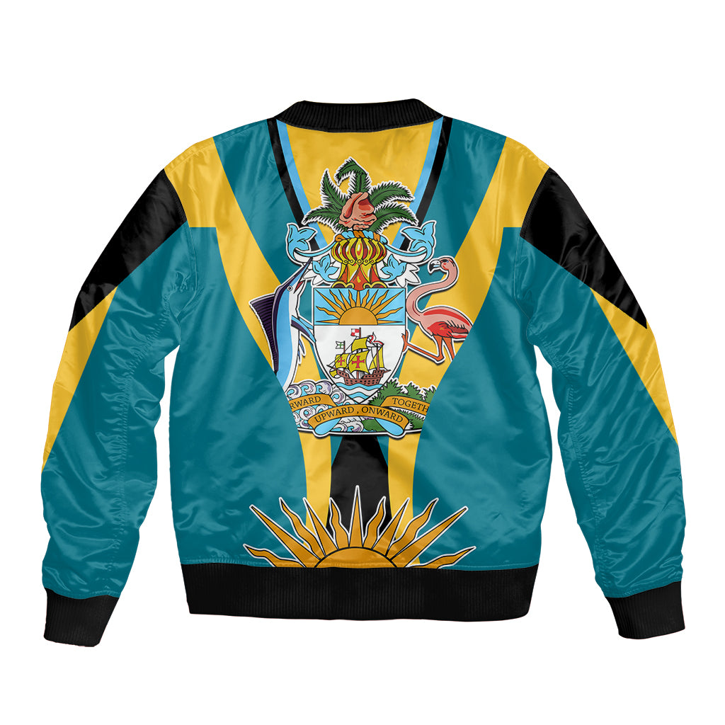 Teal bomber jacket with black sleeves, yellow stripes, full zipper, crest emblem and ribbed hem