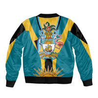 Teal bomber jacket with black sleeves, yellow stripes, full zipper, crest emblem and ribbed hem