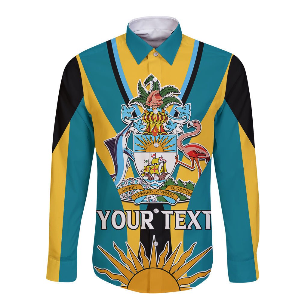 Teal long-sleeve button shirt with yellow/black stripes and large crest graphic