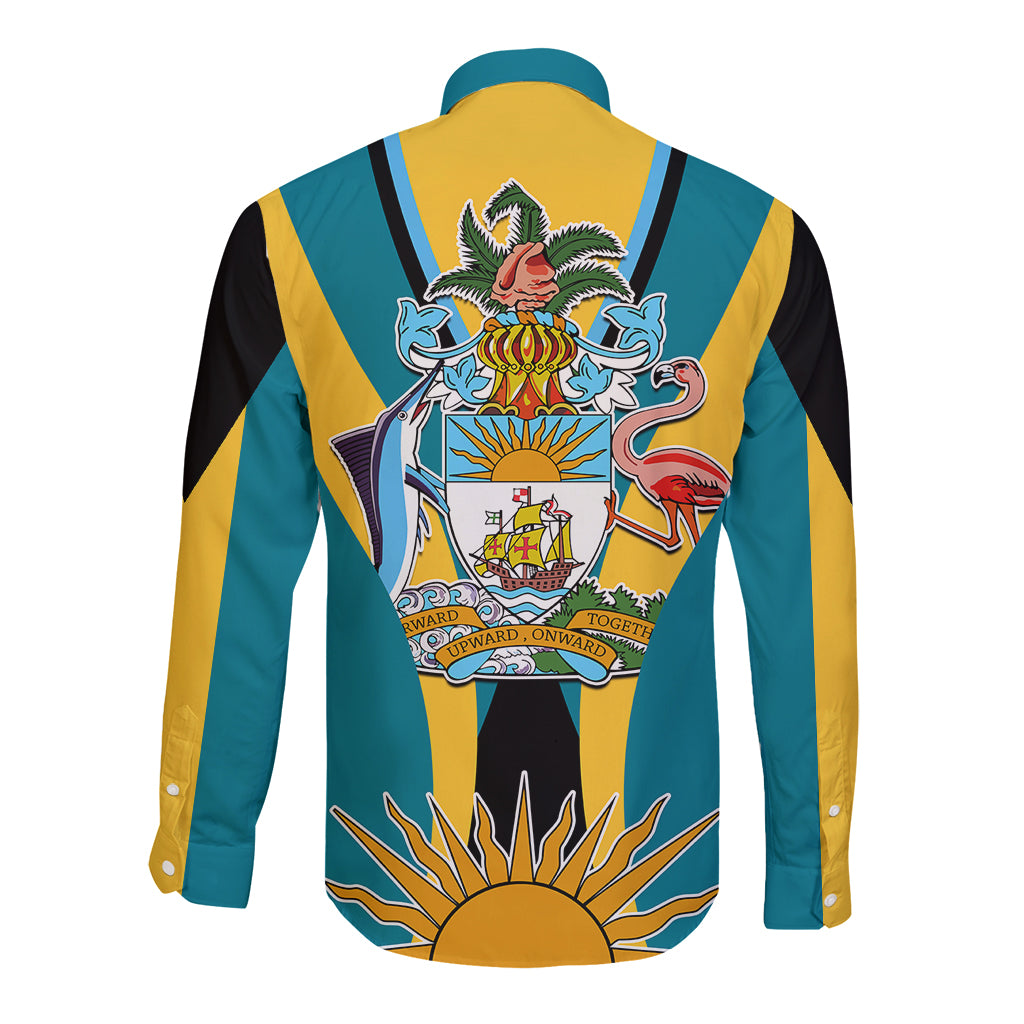 Teal long-sleeve button shirt with yellow/black stripes, crest back design and sun