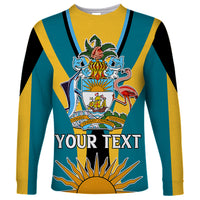 Teal and yellow striped long-sleeve shirt with crest, flamingo, and 'YOUR TEXT' print
