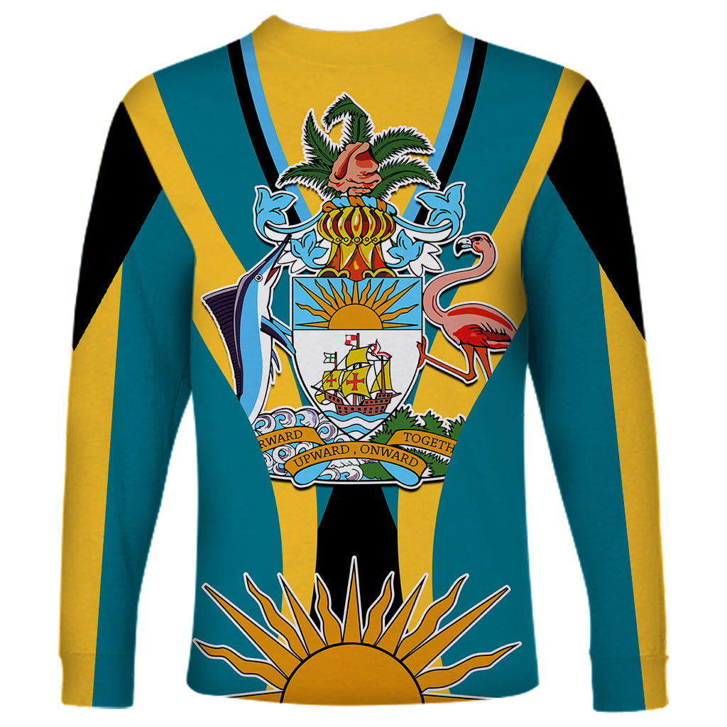 Teal and yellow striped long-sleeve shirt with crest and flamingo graphic, no 'YOUR TEXT'