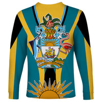 Teal and yellow striped long-sleeve shirt with crest and flamingo graphic, no 'YOUR TEXT'