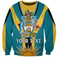 Unisex teal and yellow striped sweatshirt with large crest, flaming sun and front print