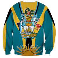 Unisex teal sweatshirt with yellow stripes and centered crest graphic with flaming sun
