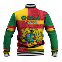 Back of color-block baseball jacket in yellow, red, and green with 'GHANA Republic Day' text