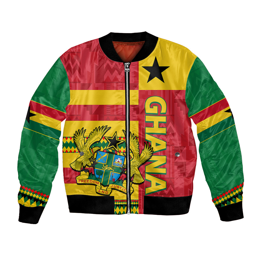 Ghana-themed bomber jacket with colorful flag panels, crest graphics, ribbed cuffs